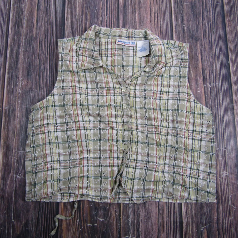Westport Ltd Plaid Vest Women XL Green Floral Eyelet Embroidered Cotton Top